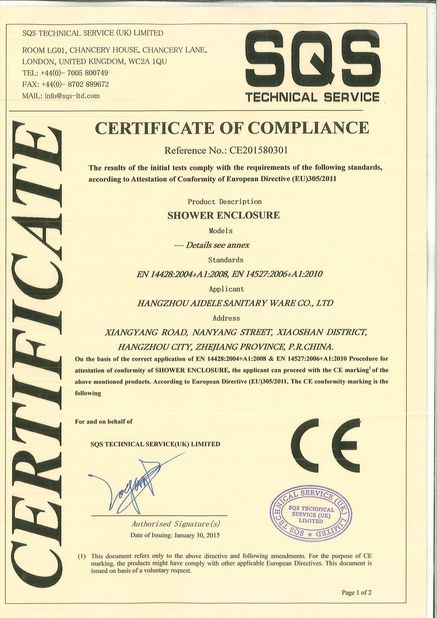 La CINA Hangzhou Aidele Sanitary Ware Co., Ltd. Certificazioni