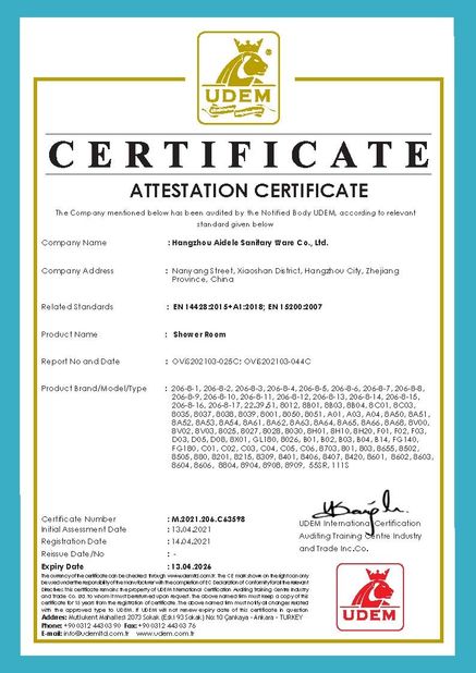 La CINA Hangzhou Aidele Sanitary Ware Co., Ltd. Certificazioni